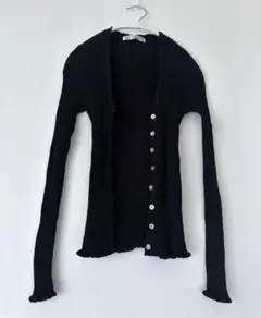 【LES HALLES】リブニット カーディガン メロウフリル 黒