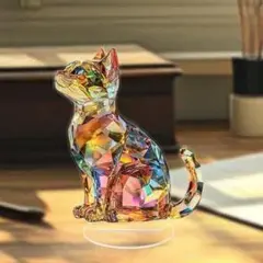 クリスタルキャット　レインボー　置物　猫　インテリア　2D アクリル アクスタ