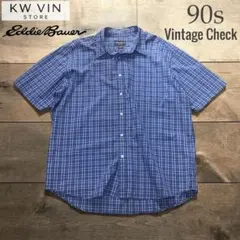 90sエディーバウアー￤XL￤総柄半袖グラフチェックシャツ ブルー 古着 好配色のサムネイル