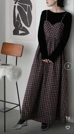 【forksy.】チェック柄スイッチングロングキャミワンピース