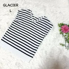 3755グラシア【L】ストライプ Vネック ノースリーブニット　美品　パール付き