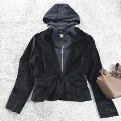 ペイトンプレイス　ジャケット　ベロア調　2WAY 重ね着風　フード付　M 黒色