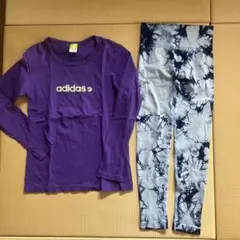 新品ヨガウェアセットadidas 紫 長袖TシャツL、タイダイ柄レギンスS