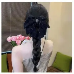 【新品】　ヘアクリップ リボン キラキラ 大ぶり 大きめ 黒 ブラック 上品