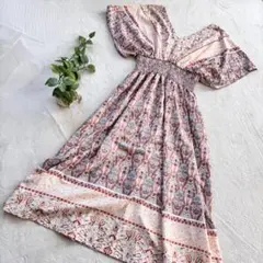 【SHEIN】ロングワンピース(XL)ペイズリー柄 半袖 ウエストゴム