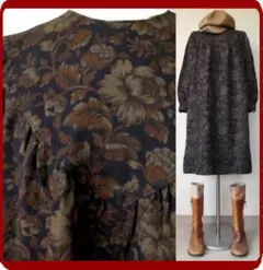 r*é様 古着♪レトロ・紺茶花柄ゆったりワンピ70年代ヴィンテージ昭和モダン毛ア