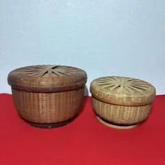 昭和レトロ　古民具　蓋付き竹籠　大小　竹編み　バスケット　カゴ　おひつ