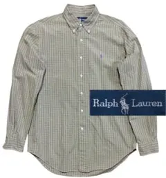 美品90sRALPHLAURENポニーロゴ刺繍黄緑紫　チェック長袖L位グリーン