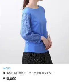 美品INDIVI洗える袖カットワーク刺繍カットソー定価10,890のサムネイル