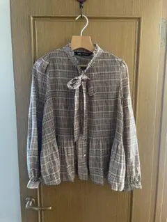 zara ザラ　チェック柄リボン付き長袖ブラウス