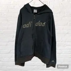 11116 adidas ロゴ刺繍 パーカー スウェット 黒 小さいサイズXS