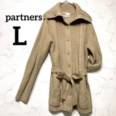 ケーブル編み ニットカーディガン L ベルト付き ビッグカラー