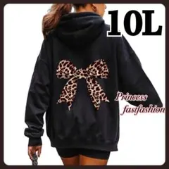 【10L】豹柄リボン パーカー 裏起毛なし 大きいサイズ レディース
