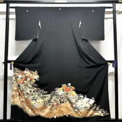 KK35 黒留袖 花 リメイク フォーマル トールサイズ 礼服 高級 五つ紋