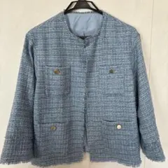 ノーカラーツイードジャケット 青のサムネイル