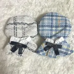 ぬい服 ケープ ポンチョ ベレー帽 チェック ツイード 水色 白 セット