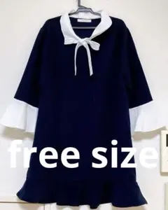 白襟 韓国風ワンピース ネイビー 襟付き 袖フリル ブラウス風 紺