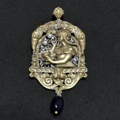 BR-428 ヴィンテージ風 青色石 パール 女性 シャボン玉 ゴールドブローチ