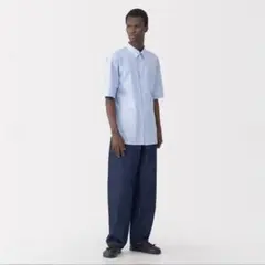 Muji labo 紳士 L ポプリン比翼半袖シャツ サックスブルーストライプ