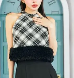Darich ファーチェックドッキングトップス ブラック　ダーリッチ