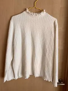 4L リブ編み フリルネック 長袖トップス