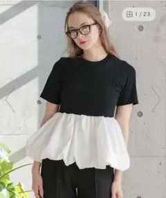 ペプラム切り替え カップ付き半袖Tシャツ ブラック×ホワイトのサムネイル