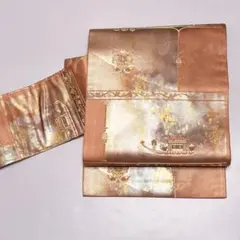 名古屋帯 正絹 西陣織 引箔 唐織 サーモンピンク 花 中古 so360