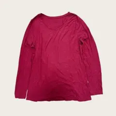 レディース【XL】長袖Tシャツ Uネック 無地レッド シンプル 古着