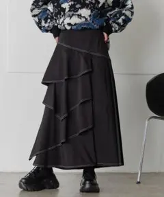 PAGEBOYティアードMIXスカート ロング ブラック アシメ プリーツ 美品