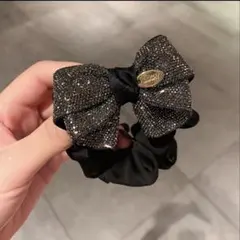 新品リボン型ストーン装飾ヘアゴム※ブラック
