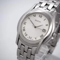 362 稼働 GUCCI 時計 メンズ 5500M シルバー デイト ホワイト
