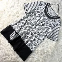 【美品】chamois 総柄プリント メッシュ切替 半袖Tシャツ 42