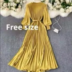 【プリーツロングワンピース】♦️新品　カラシ色 袖シースルー プリーツ　結婚式