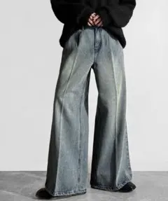 Classical Origin ヴィンテージ加工ワイドバギーフレアデニムパンツ