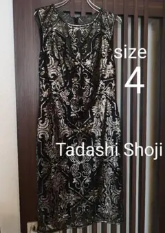 TadashiShojiの黒×ゴールド総レース膝丈ドレス 4サイズ