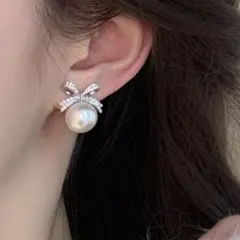 レディース　パール シルバー 上品 一粒 高見え フォーマル 結婚式　リボン