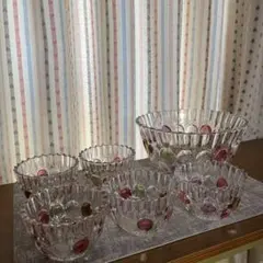 カラフル装飾のガラスボウル大、小セット　昭和レトロ