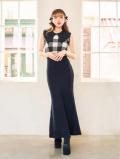 Darich ビッグカラーギンガムチェックニットロングワンピース black
