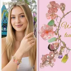 14kgf 稀少 ウォーターメロントルマリン フラワー カービングブレスレット