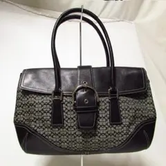 美品　コーチ　レザーｘキャンバス　シグネチャー柄　バッグ　黒