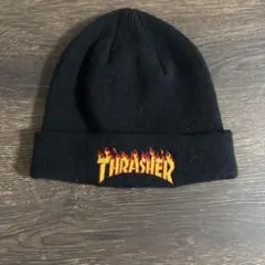 THRASHER 黒 ビーニー 炎ロゴ刺繍