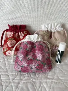 すごく小さな巾着3コセット 赤とピンクの花柄