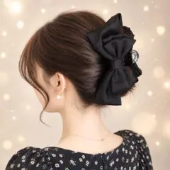 リボン バンスクリップ 大きめ ヘアクリップ ブラック サテンリボン 韓国