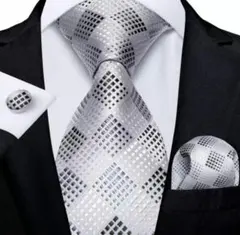 ネクタイ3点セット シルバー 幾何学 カフス ポケットチーフ 結婚式 ビジネス