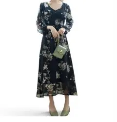 GRL花柄ロングワンピース ブラック