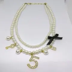 [未使用]パール 2連ネックレス リボン　ラインストーンチャーム付き