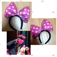 ミニー　ビッグリボン　ドット カチューシャ　ピンク
