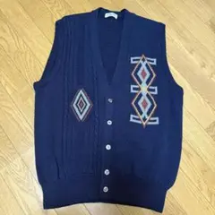 ダンロップメンズネイビー 幾何学模様 ニットベストLL