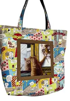 猫柄 コミック風 トートバッグ口布ファスナーのサムネイル