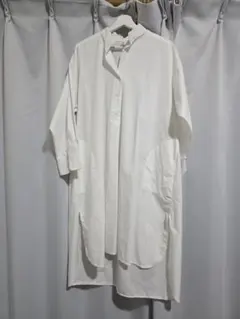 ホワイト シャツワンピース 長袖 ポケット付き